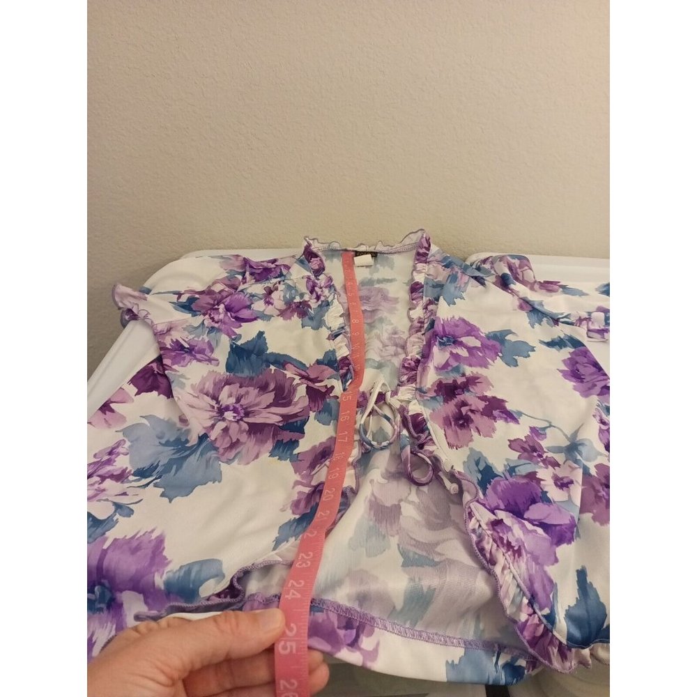 Women's Salon Studio Floral Purple/Blue Tie Front Lightweight Cardigan Sz Medium - Picture 10 of 10